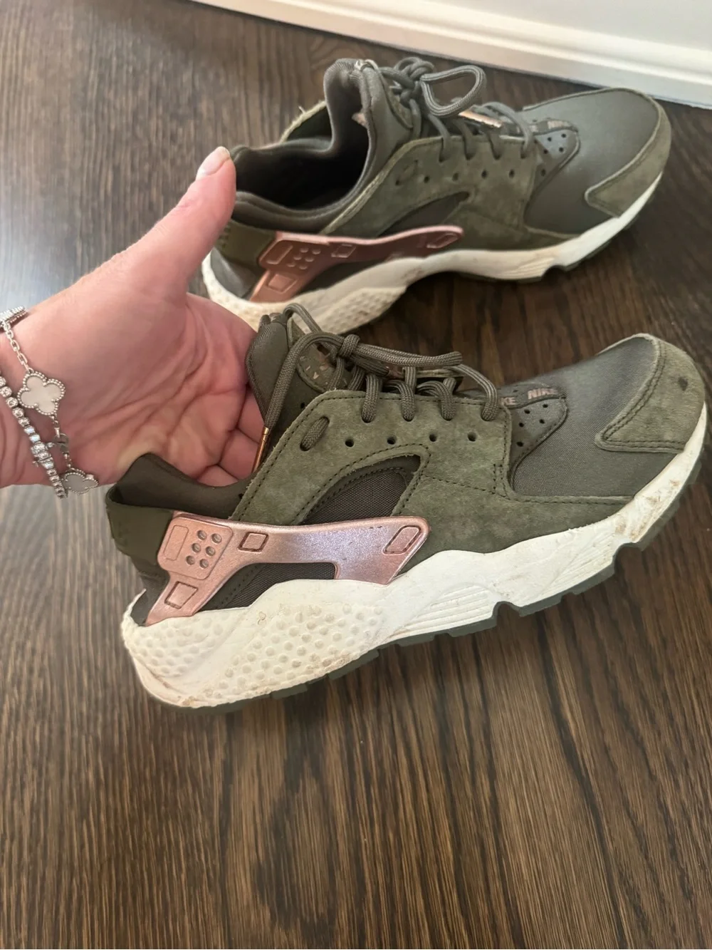 Women’s Olive Green Nike Air Huarache sneakers with Rose Gold Accents